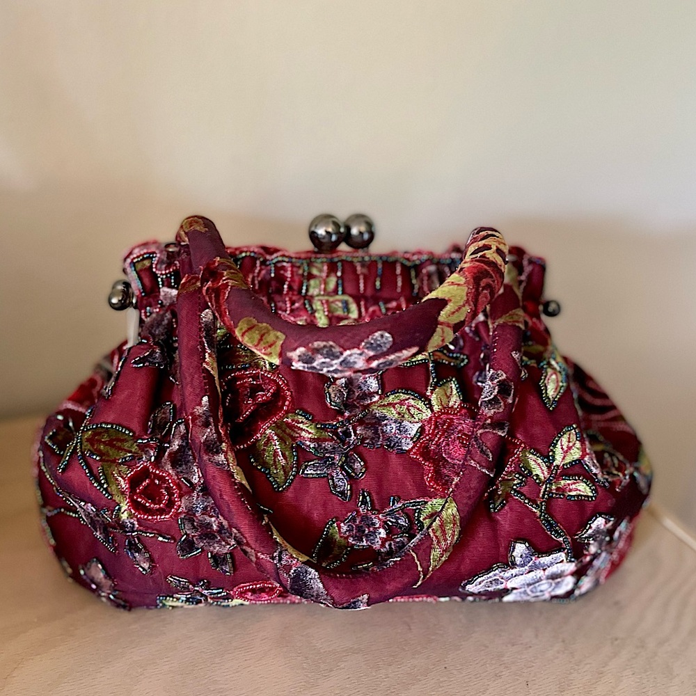 Vintage medium beaded hand bag with velvet flowers, boho and Victorian inspired